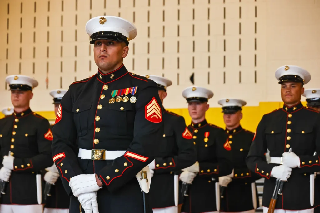 Silent Drill Platoon stand at ceremonial at ease