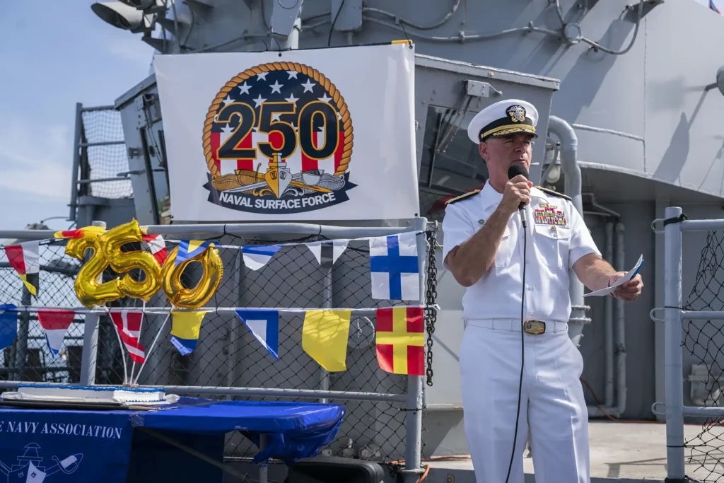 U.S. Navy Vice Adm. Brendan McLane, Naval Surface Forces Commander, Naval Surface Force, Pacific Fleet, addresses service members and guests during a celebration of the 250th birthday of the U.S. Navy, U.S. Merchant Marines, and U.S. Marine Corps
