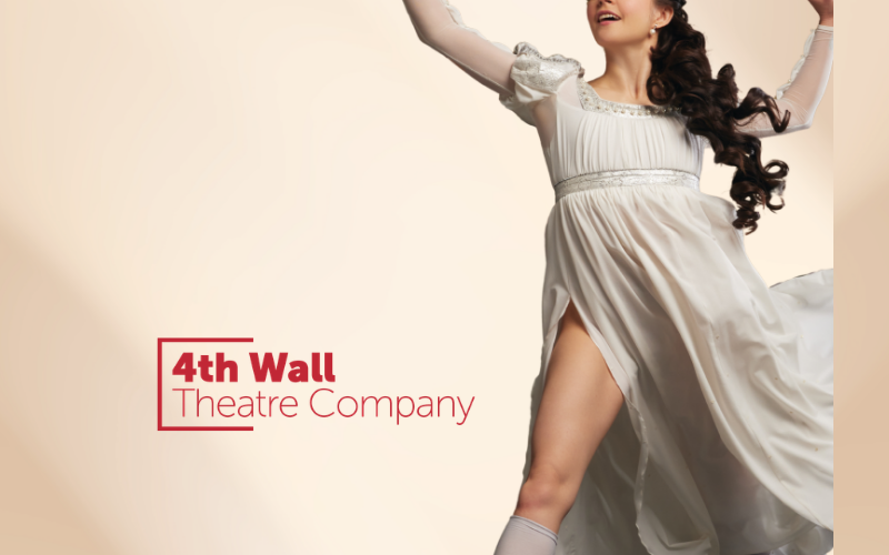 a woman seen from the mouth down jumping for joy wearing a Regency-era white dress with her thigh exposed. The background is a beige gradient with the 4th Wall Theatre Company logo in red.